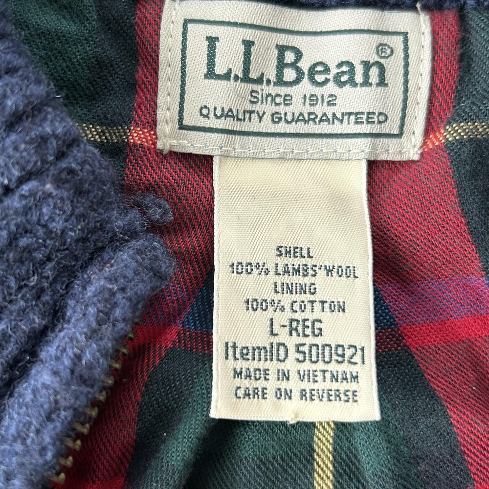LL Bean Sweater Jacket Mens Large Blue Lambswool Full Zip Plaid Lined Cardigan - Picture 3 of 13
